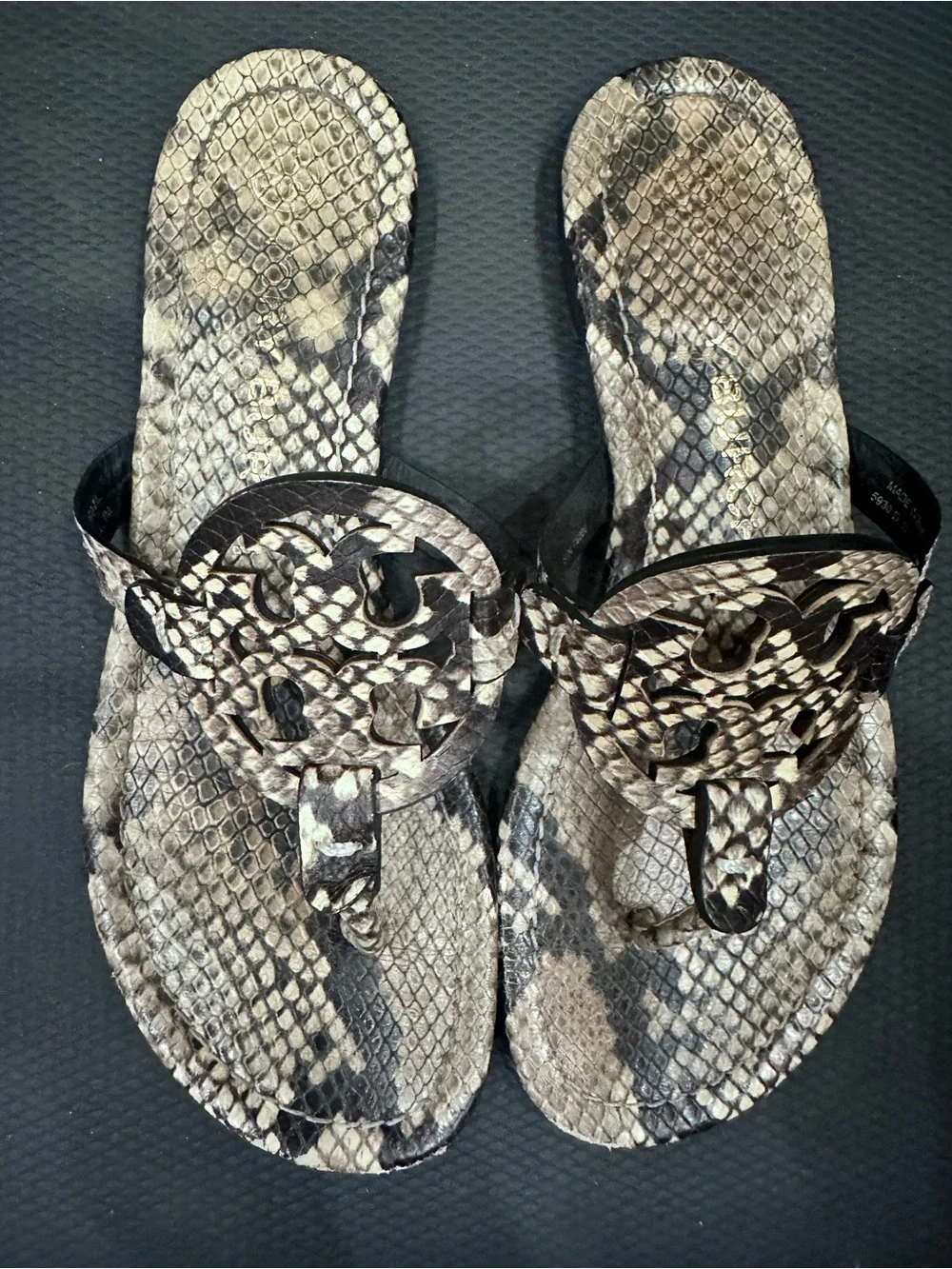 TORY BURCH Miller Snakeskin Print Leather Sandals - Neutral Tones Size 7